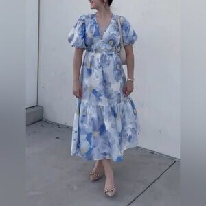 Jessica Simpson Blue and White Floral Puff-Sleeve Midi Dress